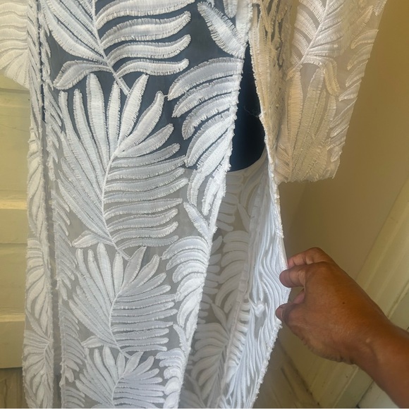 SEMSEM 100% Silk Embroidered White Leaf Pattern Maxi Dress Boho Resort Coastal - Picture 3 of 11